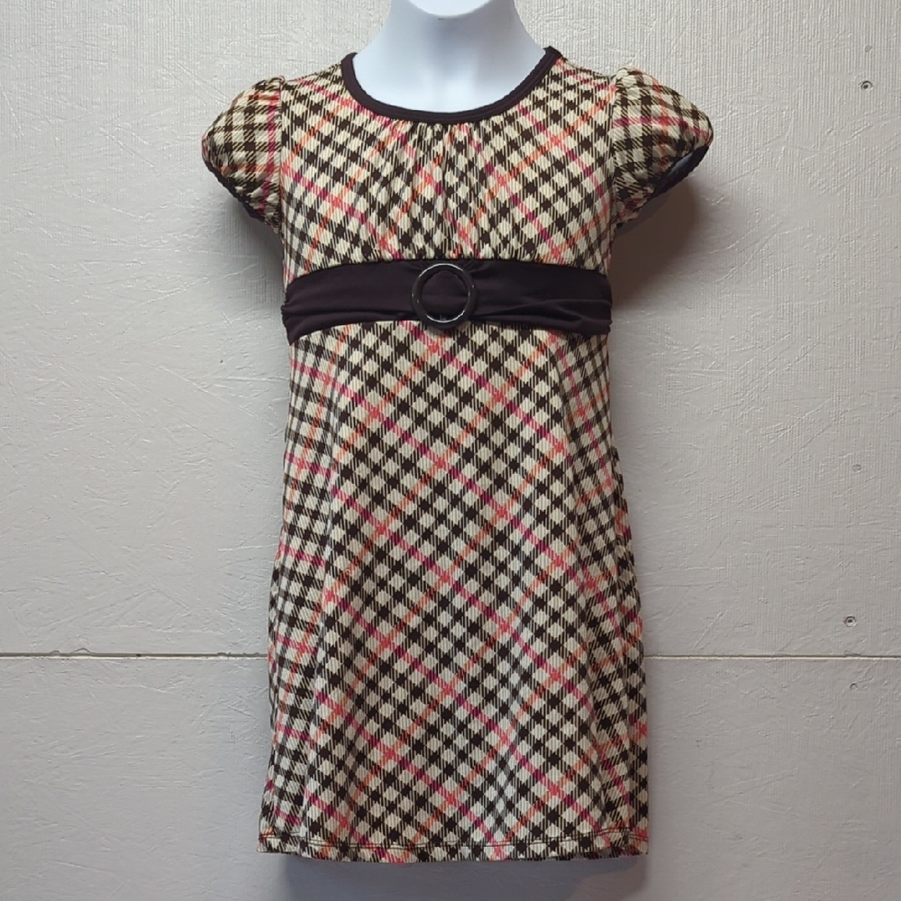 Tan and Brown Casual Sheath Dress with Puff Cap Sleeves